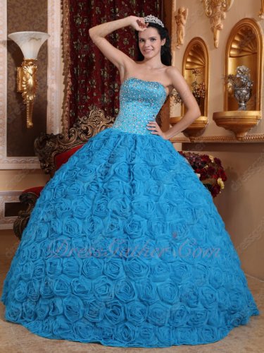 Full Beading Corset Azure Blue Quinceanera Ball Gown Fabric With Rolled Flowers Skirt