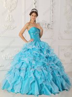 Sky Blue Off White Organza Mingled Thick Ruffles Quinceanera Dress Online