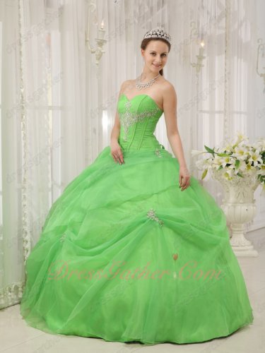 Pretty Quinceanera Gown Made By Spring Green Organza Skirt With Overlay