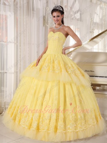 Thwartwise Pin Tucks Polyester Boning Bodice Yellow 2 Layers Lacework Ball Gown Court