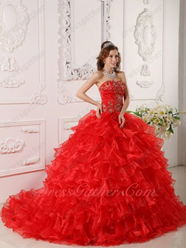 Strapless Layers Cake Quinceanera Palace Ball Gown Train With Golden Embroidery Bodice