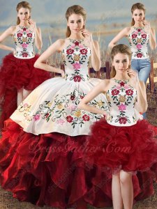Embroidery Four-Pieces Quinceanera Girls White and Wine Red Different Wear Detachable