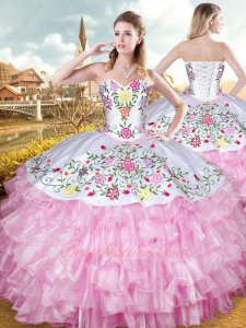 Western Hotel California Colorful Embroidery Ball Gown White With Pink Layers Organza