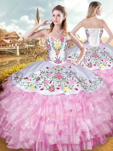 Western Hotel California Colorful Embroidery Ball Gown White With Pink Layers Organza