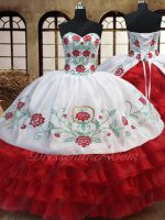 Western Embroidery Quinceanera Court Gown White With Red Layers Ruffles Skirt