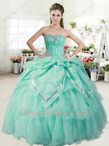 Apple Green Basque Quinceanera Gown Bubble With Sparkle Silver Sequin Edging Embellish