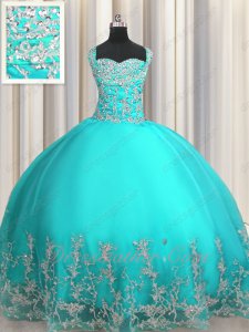 Double Wide Straps Cross Back Turquoise Sweet 15 Ball Gown Silver Embroidery