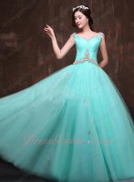 Mint Aqua A-line Bateau Ruched Crystal Sparkle Tulle Dress Dance Round Skirt