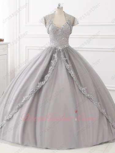 Stylish Double Straps Appliques Blouse Silver Tulle Quinceanera Ball Gown and Jacket