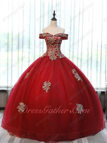 Off Shoulder Basque Horsehair Hemline Puffy Carnival Festival Ball Gown Red With Gold