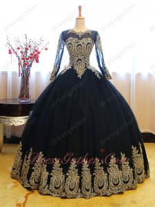 See Through Scoop Long Sleeves Black Quinceanera Gowns Attire Gold Pineapple Pattern