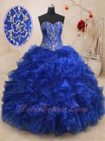 Designer Silver Embroidery Basque Quinceanera Theme Ball Gown Has Train Royal Blue
