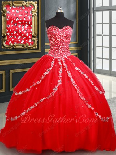 Symmetrical Applique Edging Cover Layers Corset Back Red Quinceanera Gown Little Train