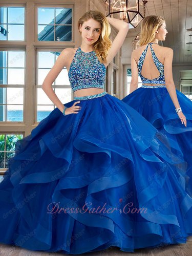 Elastic Horsehair Edging Ruffles Two Pieces Show Wasit Quinceanera Ball Gown Royal Blue