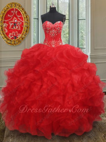 Dropped Waist Silver Embroidery Basque Red Wave Ruffle Quinceanera Gown Black Friday