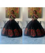 Wrapped Shoulder Floor Length A Line Rosa Flowers Quinceanera Dress Black