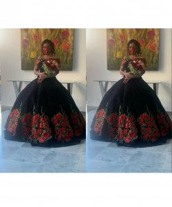 Wrapped Shoulder Floor Length A Line Rosa Flowers Quinceanera Dress Black