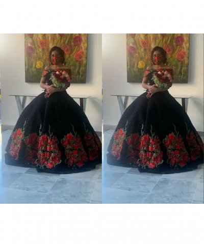 Wrapped Shoulder Floor Length A Line Rosa Flowers Quinceanera Dress Black