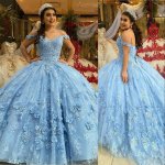 Princesa Light Blue Off Shoulder Lace and 3D Flowers Quinceanera Dress With Little Train