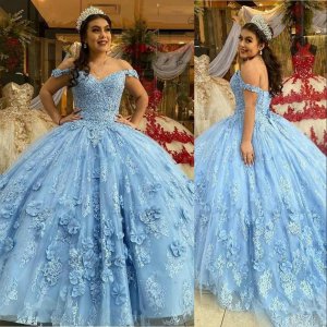 Princesa Light Blue Off Shoulder Lace and 3D Flowers Quinceanera Dress With Little Train