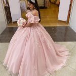 Princess V Ruffles Neckline Blush Pink Quinceanera Dress Sweep Train