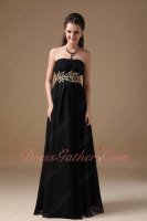 Hot Sell Black Chiffon Long Senior Prom Formal Dress Waist Beaded Gold Leaves