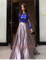 Rosy Brown Satin Acetate Two-Pieces Party Gown Covered With Royal Blue Lace
