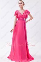 Short Ruffle Sleeves Cover Shoulder/Arms Magenta Chiffon Mother Formal Dress Decent