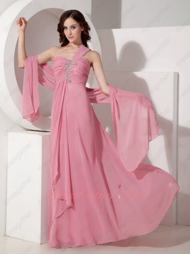 Factory Direct Sell Salmon Rose Pink One Strap Formal Prom Party Dress With Shawl