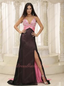 Black and Pink Brush Waist Panel Train Sexy Slit Evening Cocktail Dress Show Cleavage