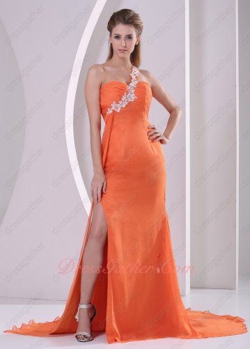 Orange Chiffon One Shoulder Right Thigh Side High Slit Pageant Dress Sweep Train
