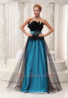 Aqua Blue Lining Pageant Prom Dress Covered With Black Tulle and Feather