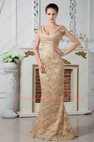 Older Women Cap Sleeves V Collar Champagne Lace Formal Occasion Dress Applicable