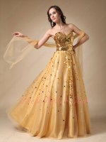 Sparkling Sequin Bodice Tulle Skirt Golden Formal Evening Party Wear Prom Queen
