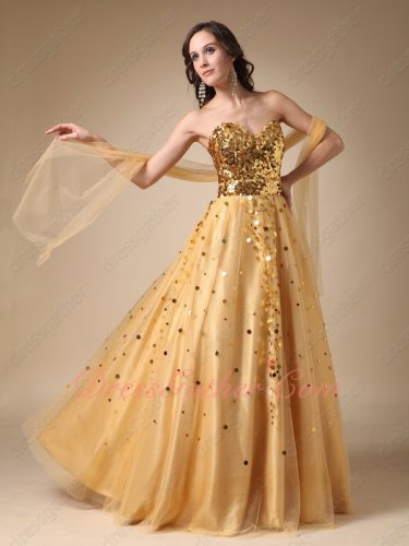 Sparkling Sequin Bodice Tulle Skirt Golden Formal Evening Party Wear Prom Queen