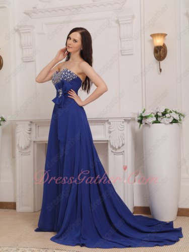 Royal Blue Chiffon Cheap Court Train Formal Evening Dresses With High Slit Opening