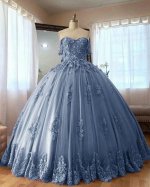 Grey Blue Off Shoulder Appliqued Quinceanera Dress Sweet 15 Dress Inexpensive