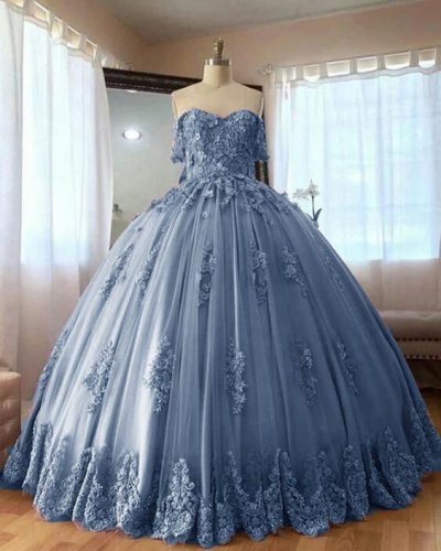 Grey Blue Off Shoulder Appliqued Quinceanera Dress Sweet 15 Dress Inexpensive