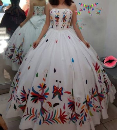 Strapless Floor Length Phoenix Firebird Butterfly Embroidery Charro Quinceanera Dress