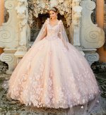 Designer New Blush 3D Flowers Accented Quinceanera Ball Gown With Cape