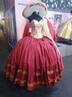 Floor Length Flat Embroidery Charro Insignia Medallions Beaded Quinceanera Dress Charro