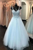 Dual Floral Straps Sheer Bodice Baby Blue Tulle Formal Dress With Applique