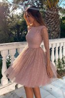 Round Neck 3/4 Sleeves Knee Length Pale Mauve Pink Sparkle Sequin Cocktail Dress