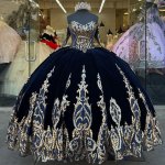 Sweetheart Navy Blue Glitter Applique Quinceanera Dress with Detachable Sleeves