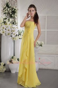 Bright Yellow Strapless Long Puberty Bridesmaid Dress Hand Made Flowers Side Decorate