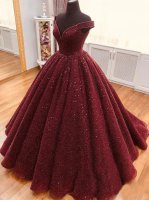 Off Shoulder V Neck Ruched Burgundy Quinceanera Dress Glitter Sweet 16 Dresses