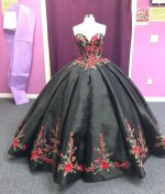 Stunning Rose Flowers Charro Floral Black Quinceanera Dress Pleated Skirt