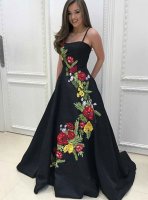 Spaghetti Straps Colorful Flowers Black Floral Prom Formal Dress