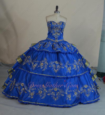 Royal Blue Satin Gold Embroidery V-Shaped Basque Western Village Quinceanera Ball Gowns