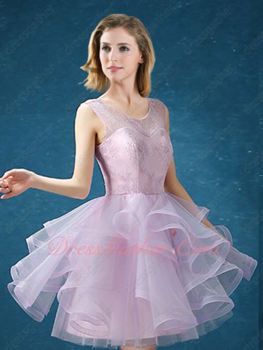Fancy Translucent Scoop Collar Elastic Edge Ruffles Lilac Cocktail Short Dress